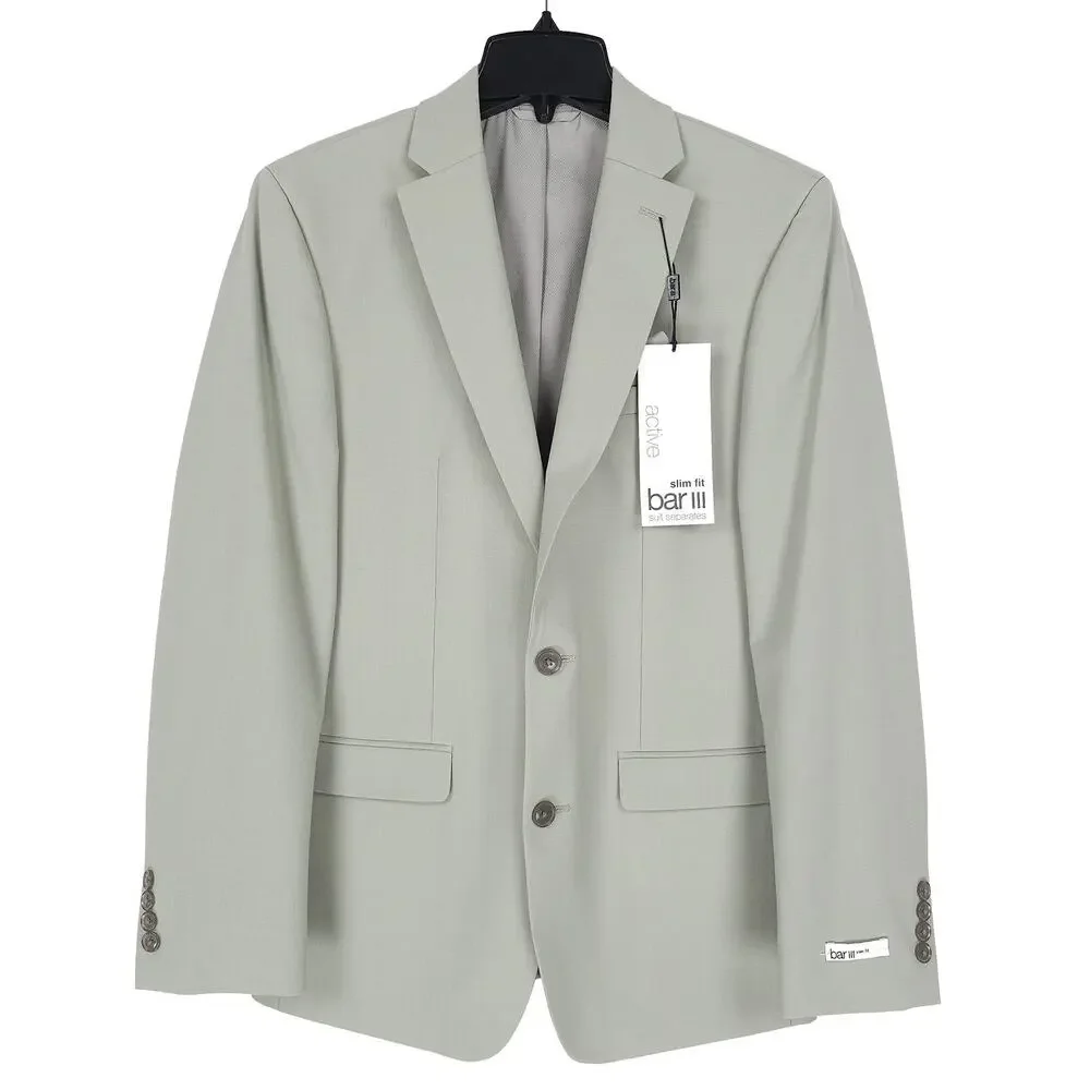 Bar III Mens Slim Fit Suit Jacket Blazer 42R Sage Green Solid Stretch Wool NWT